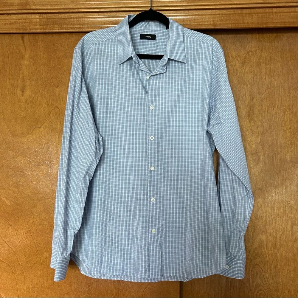 Theory Sylvain Tress Plaid Blue Button Down Dress Shirt Size XL Work Office